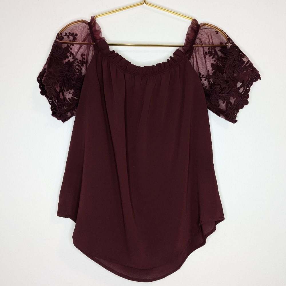 Iris Medium Burgundy Sheer Floral Lace Sleeve Off the Shoulder‎ Flowy Top Blouse - Picture 7 of 9